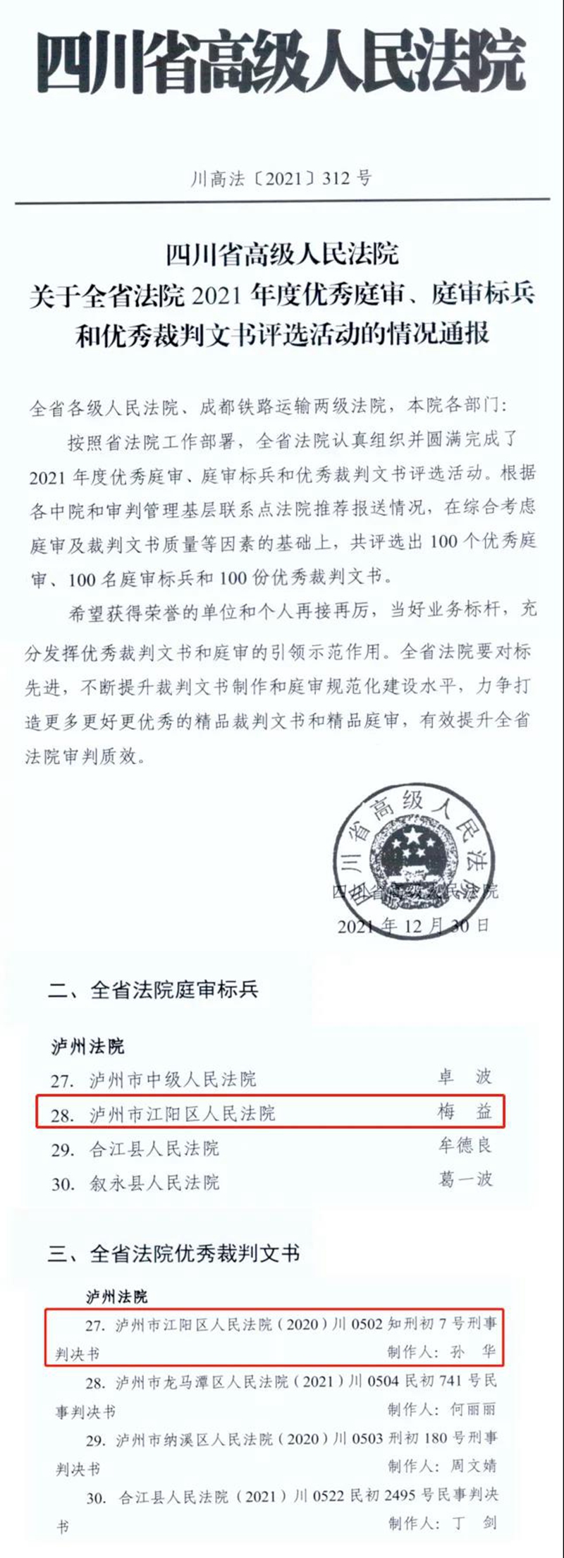 “全省法院庭审标兵”“全省法院优秀裁判文书”，江阳法院榜上有名！