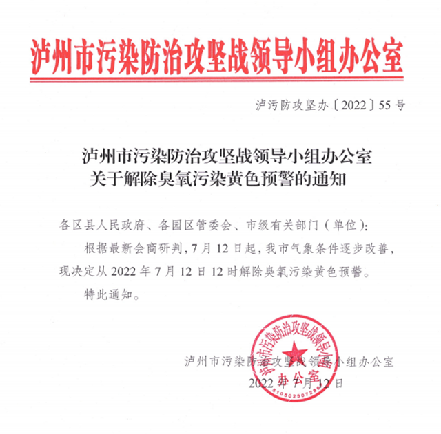 7月12日12时 泸州市解除臭氧污染黄色预警