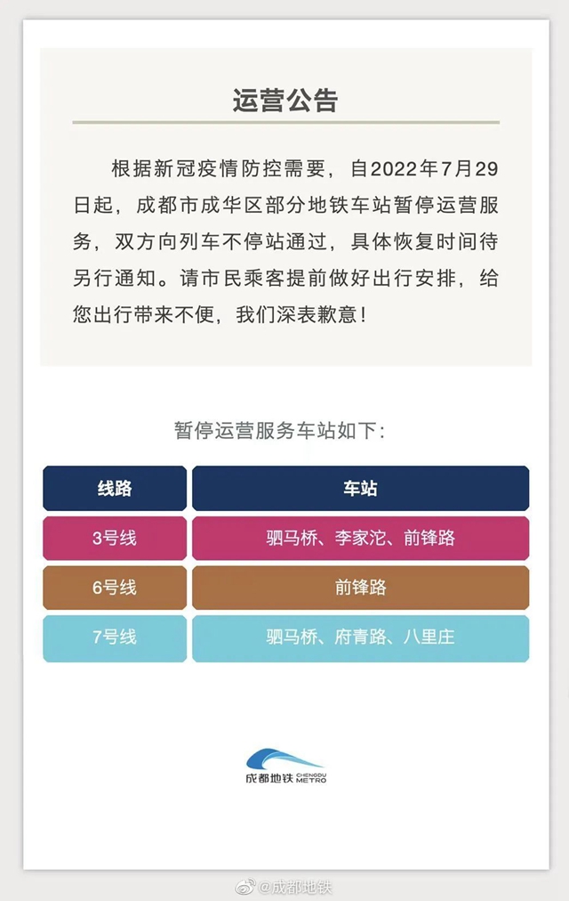 注意！成都成华区这些道路24小时禁车辆通行，部分地铁车站暂停运营，管控通告→