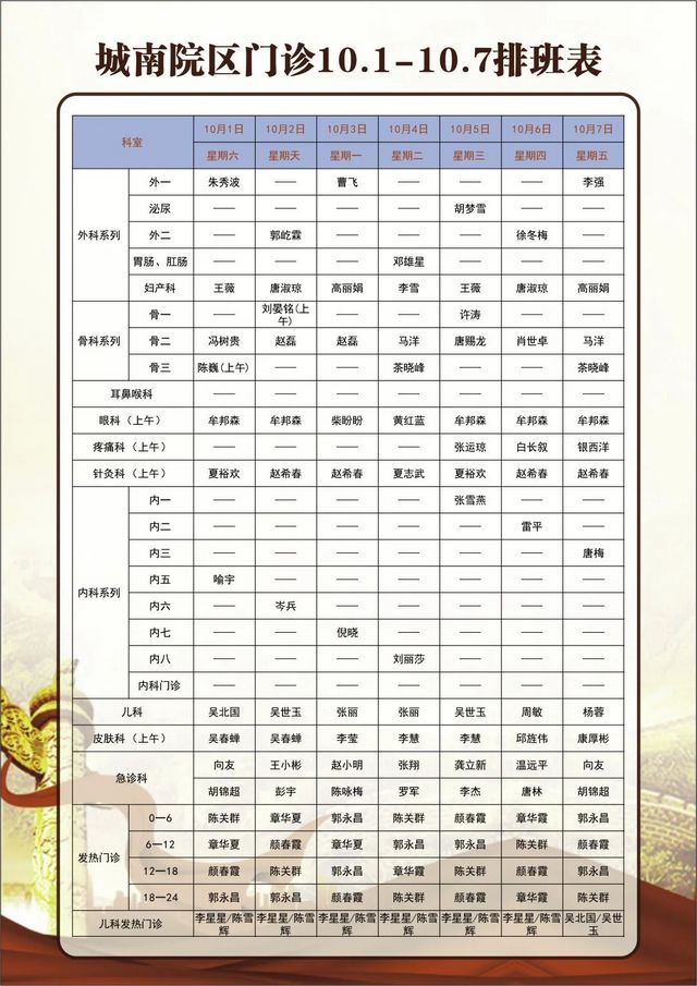 泸州市中医医院：国庆假期“不打烊”，两院区门诊，安排！