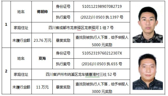 纳溪区人民法院发布执行悬赏令