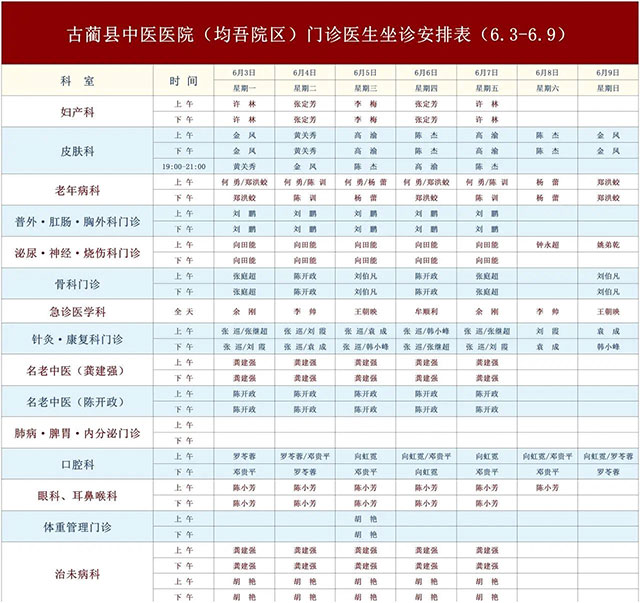 古蔺县中医医院6月3日-6月9日新老院区门诊医生排班表