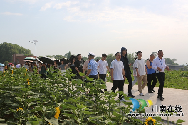 5·20 在泸县牛滩镇新林村邂逅一场田园浪漫(图1) 村干部带领游人游玩花海(曾佐然摄).jpg