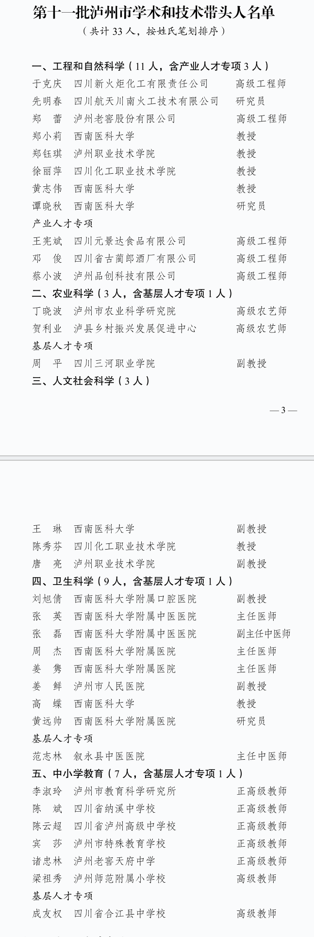 名单发布！泸州33人入选