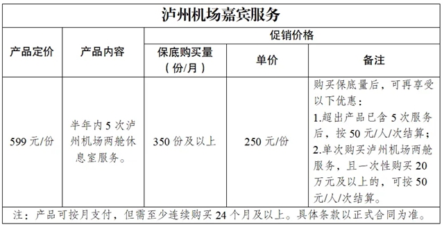 泸州机场（集团）有限责任公司关于泸州云龙机场两舱休息室产品促销方案的公告