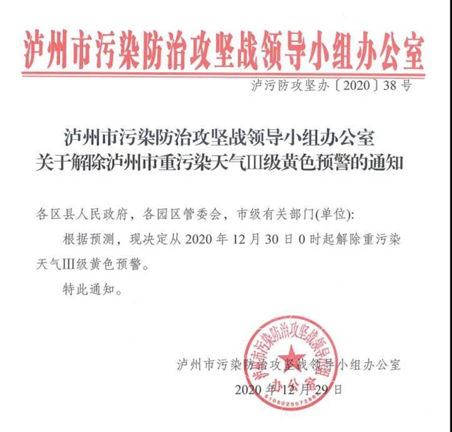 12月30日0时起，泸州市解除重污染天气Ⅲ级黄色预警(图1)
