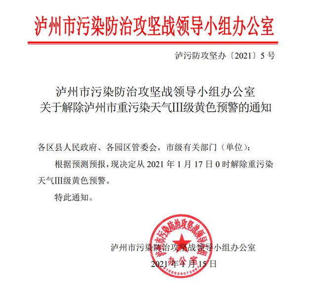 今日起，泸州市解除重污染天气Ⅲ级黄色预警