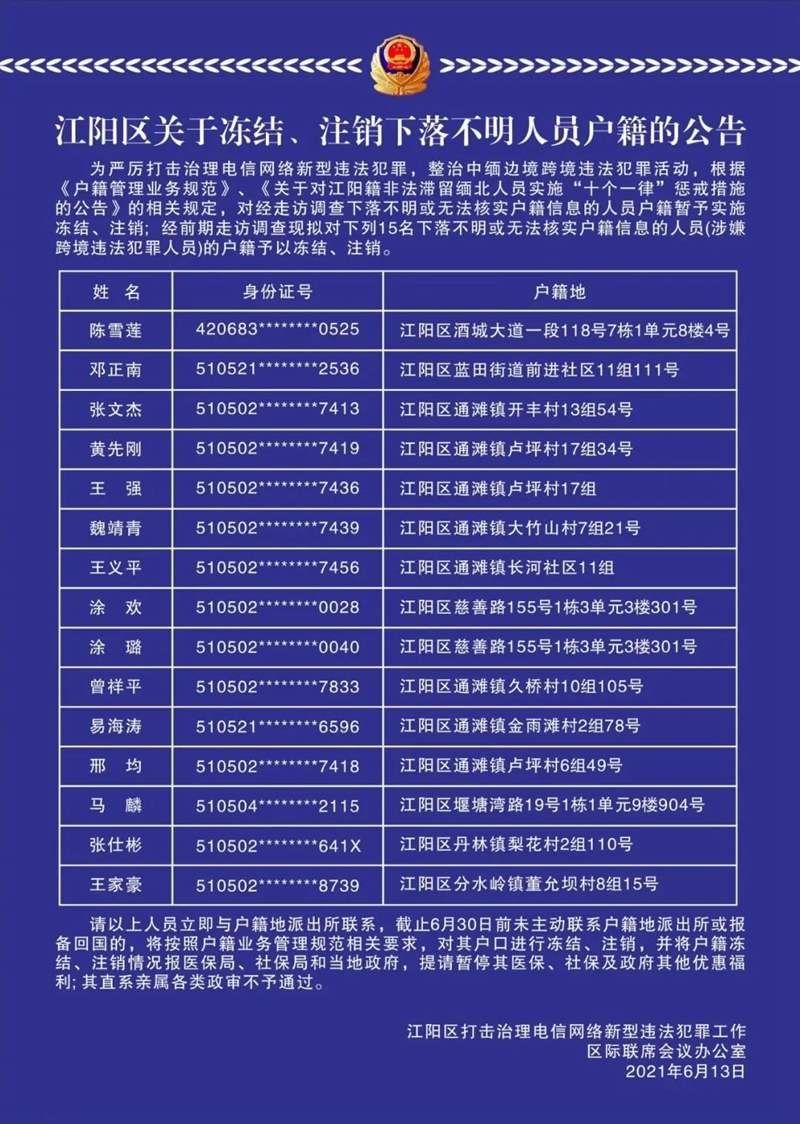 江阳区关于冻结、注销下落不明人员户籍的公告(图1)