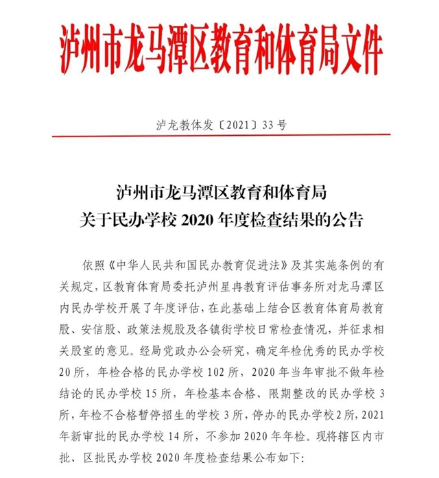 公告！龙马潭区这20所民办学校年检优秀