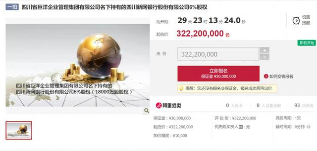 3.2亿元！巨洋集团无力偿债，所持四川新网银行1.8亿股重启拍卖
