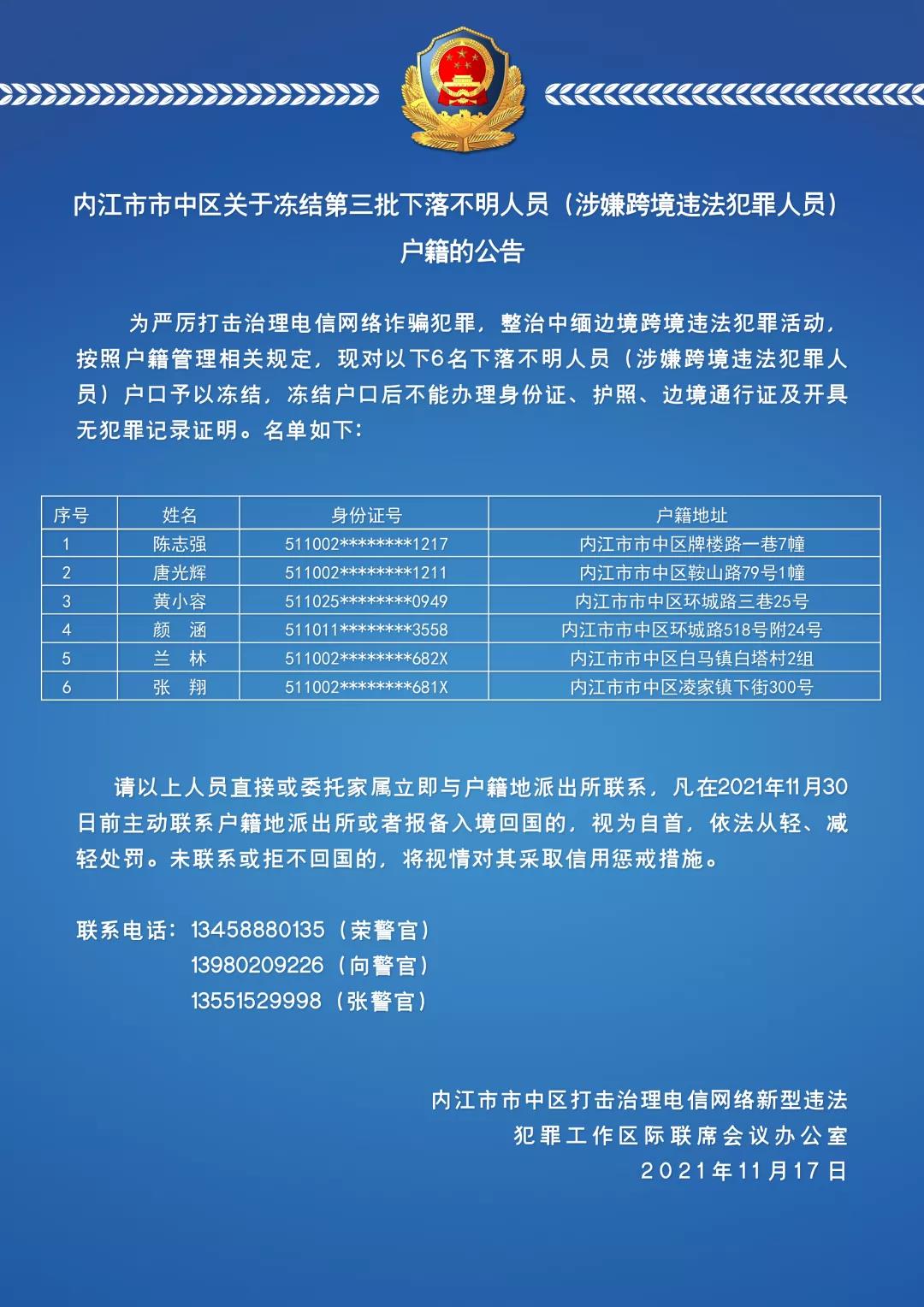 公告：市中区这6人，你们的户口已被警方冻结——(图2)