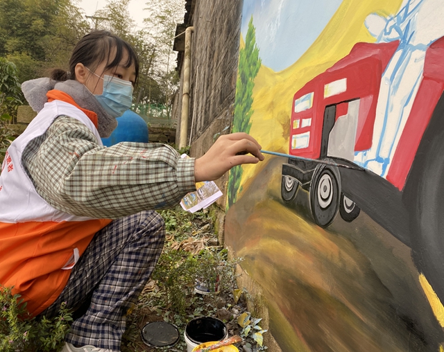 龙马潭：团团巧手彩绘乡村院墙，志愿服务助力乡村振兴(图3)